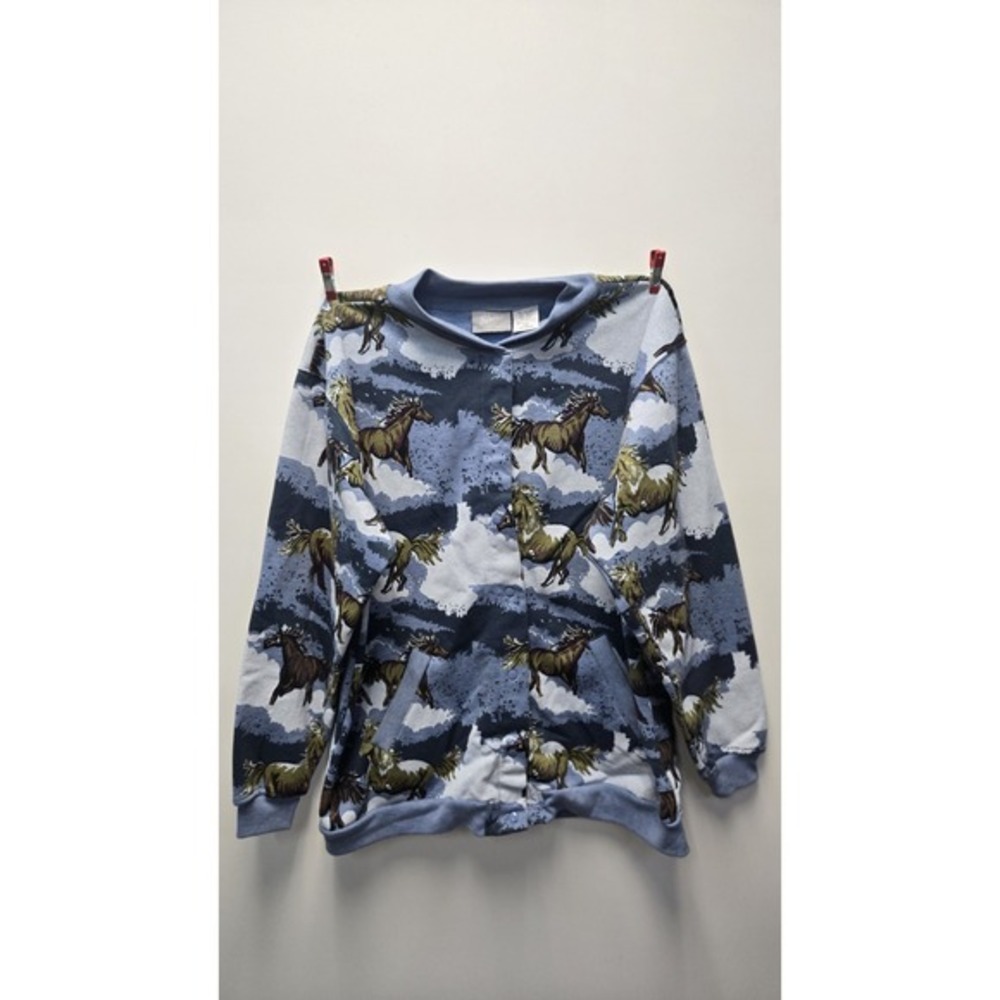 Blair Women's Blue Large Button Up Jacket Sweater‎ With Horses